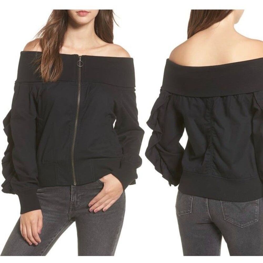 BP Off Shoulder Zip Up Bomber Top Blouse XXS Black Ruched Detail Sleeve Pockets